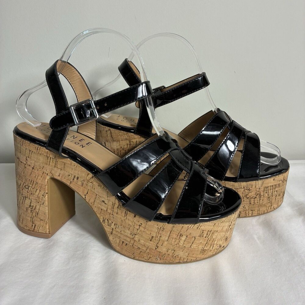 New Journee Collection Womens Shoes Sz 8 Ankle Strap Cork Wedge Sandals Black
